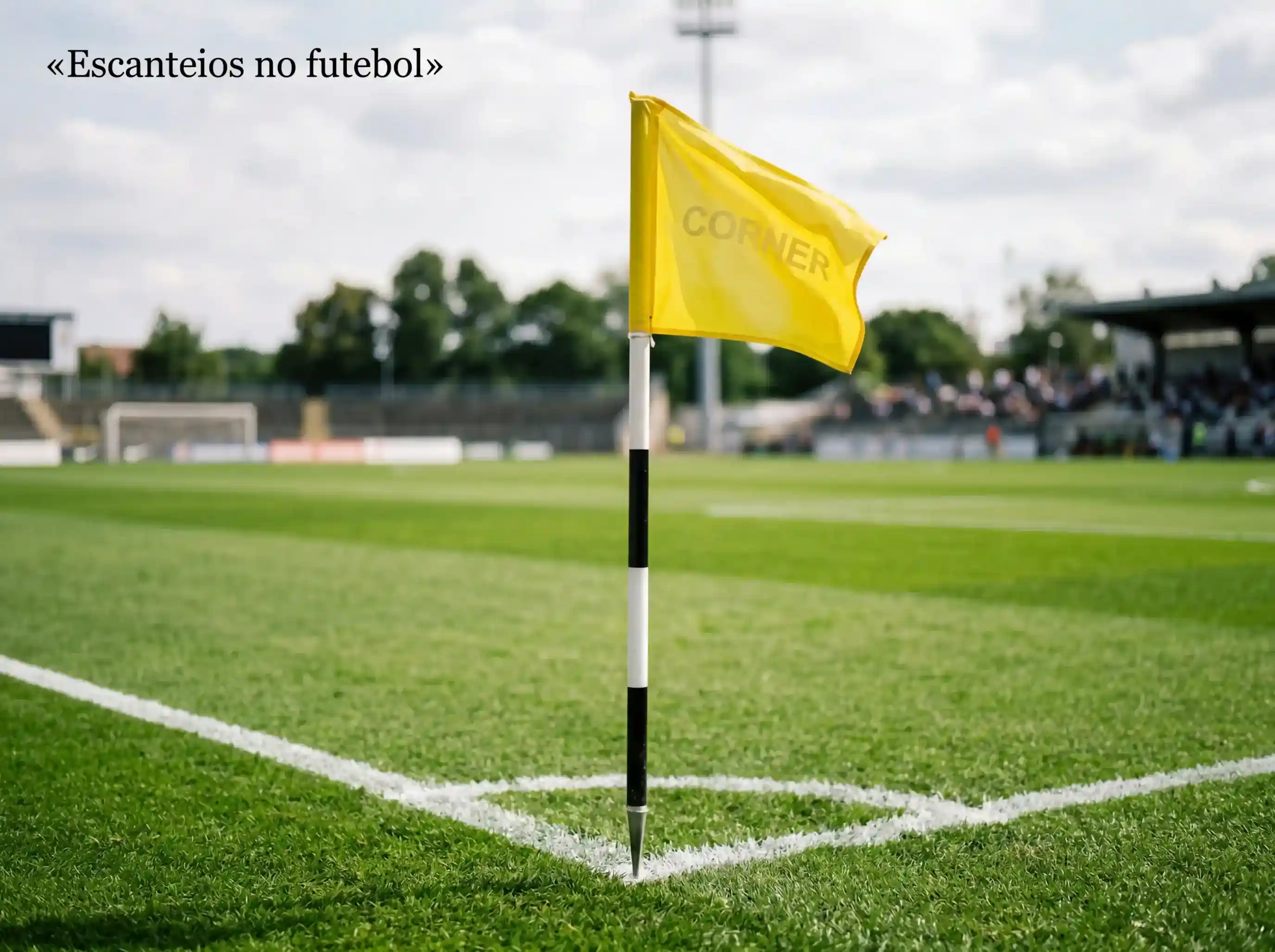 Bandeirola de canto amarela num campo de futebol relvado com marcacoes brancas durante um jogo