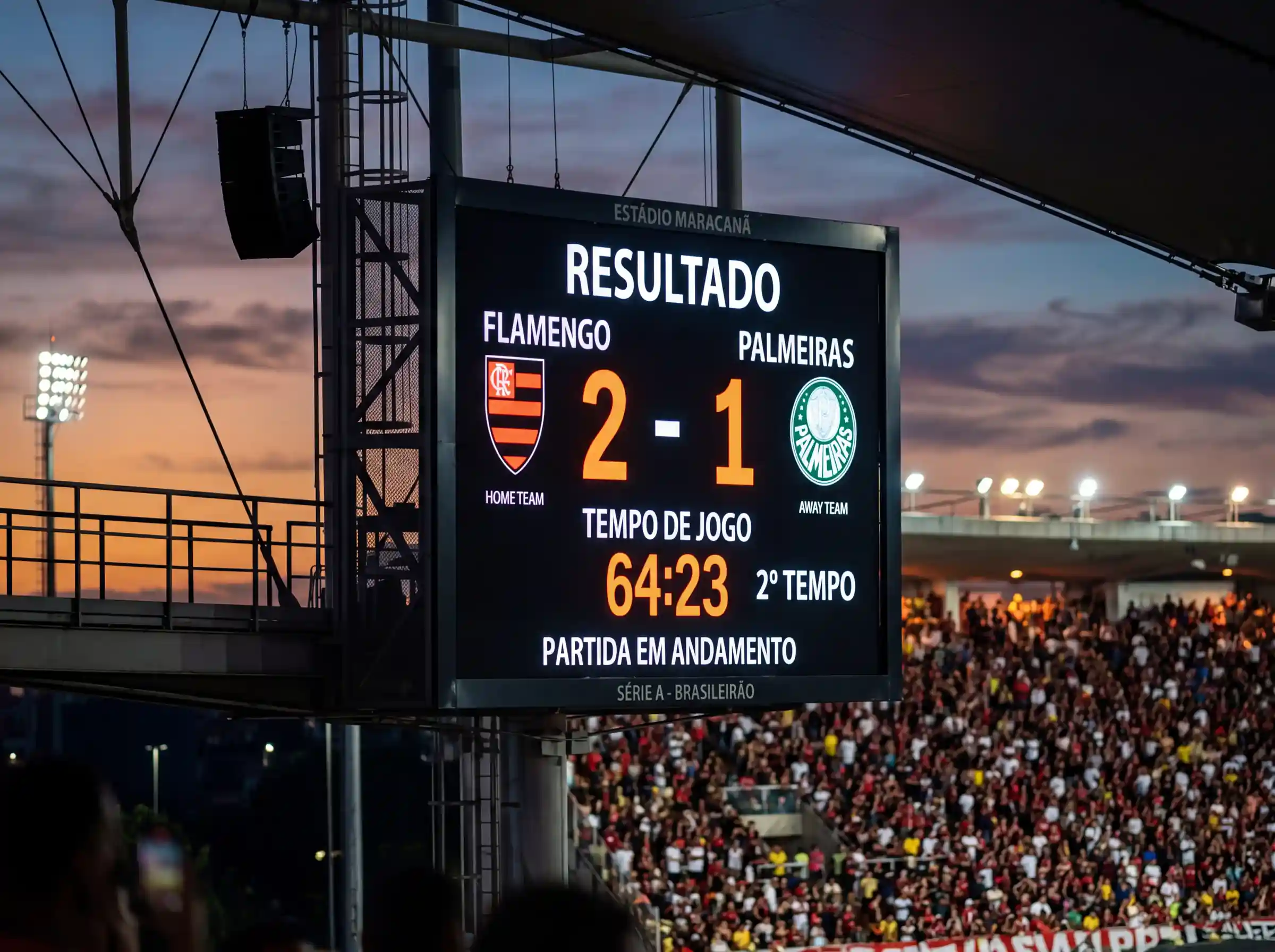 Placar eletronico de futebol com resultado de um jogo num estadio desportivo ao entardecer
