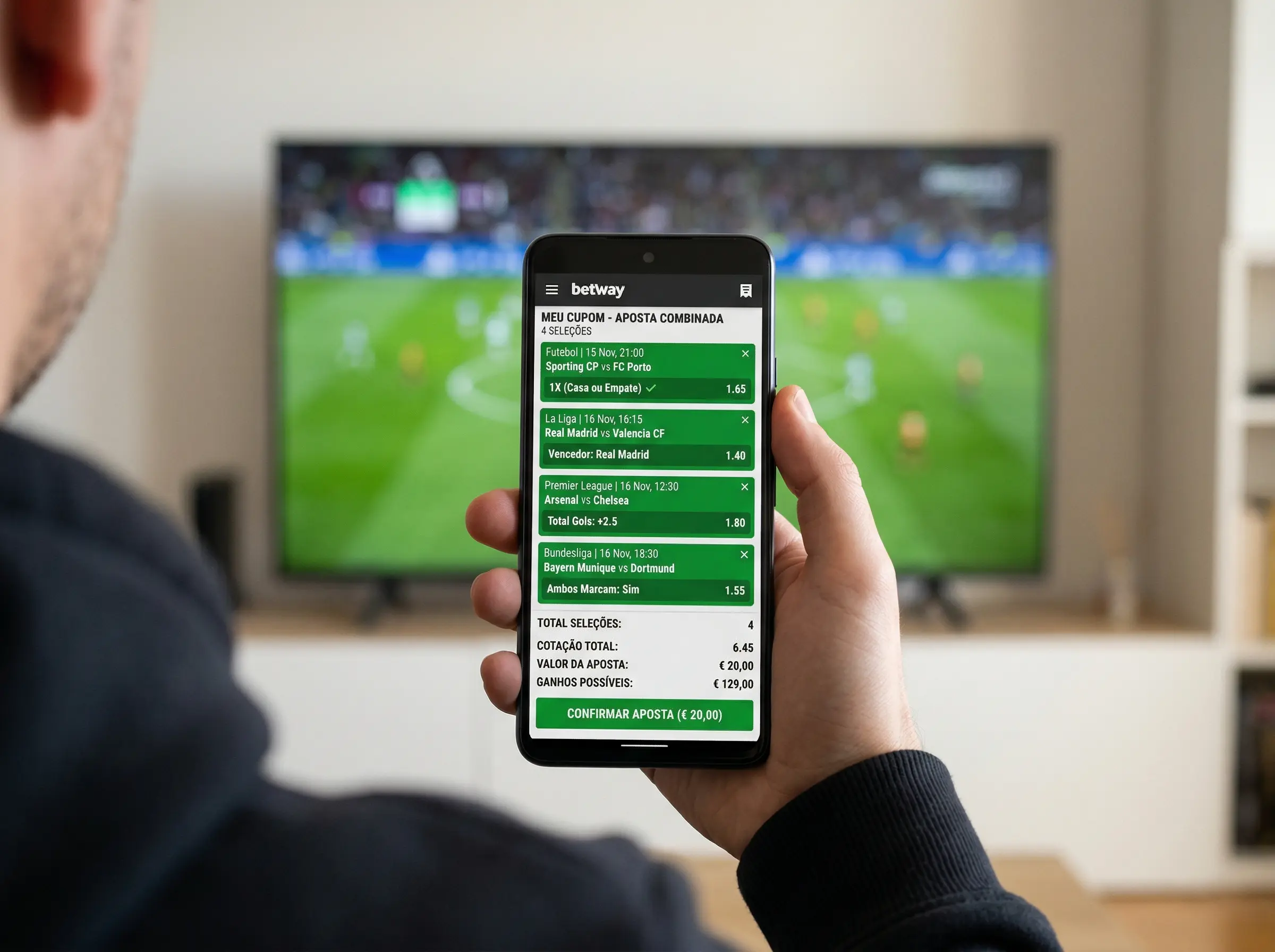 Telemovel com ecra de aplicacao de apostas de futebol mostrando selecoes de mercados combinados