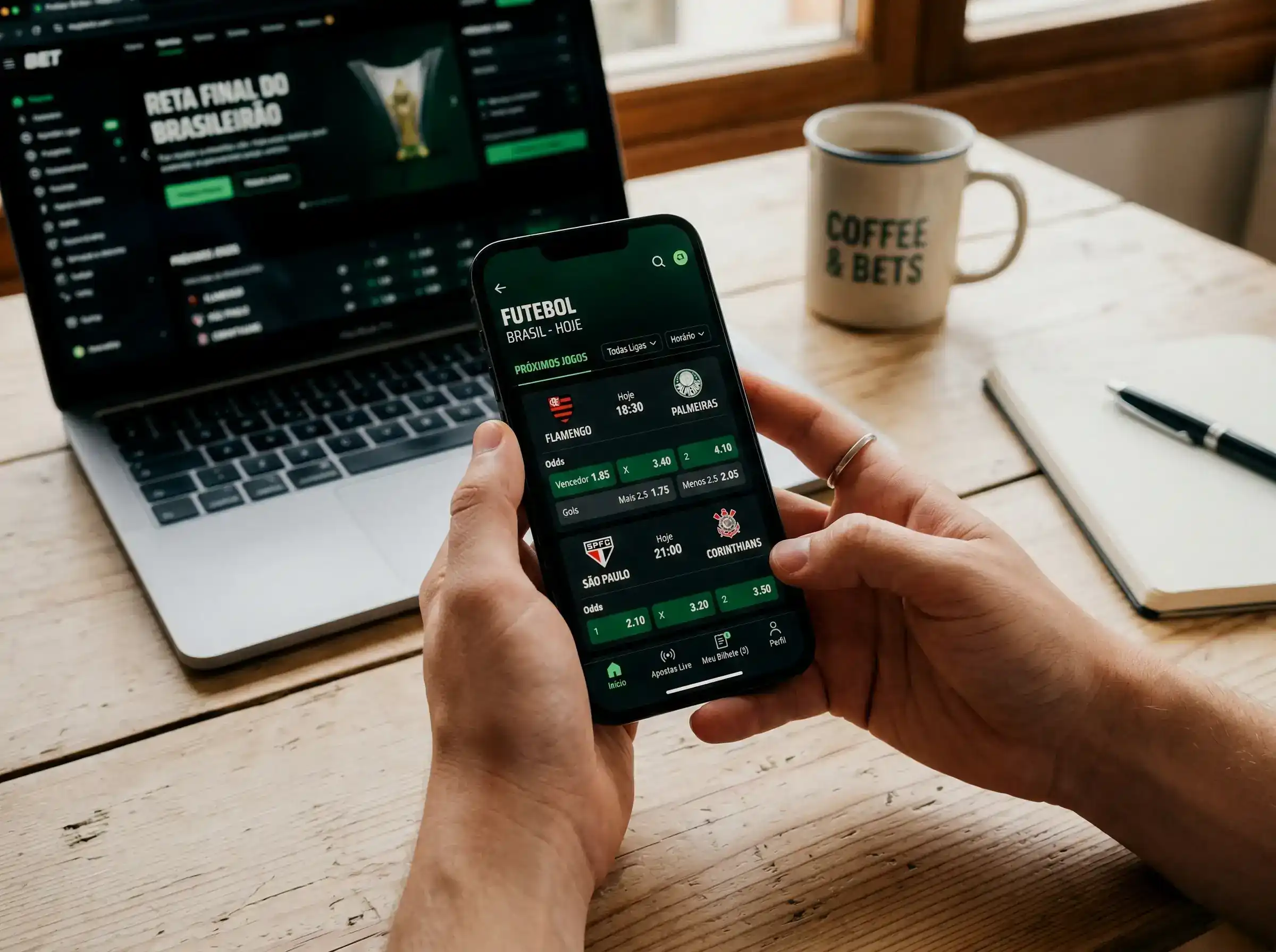 Análise de odds e mercados de futebol num ecrã de computador portátil