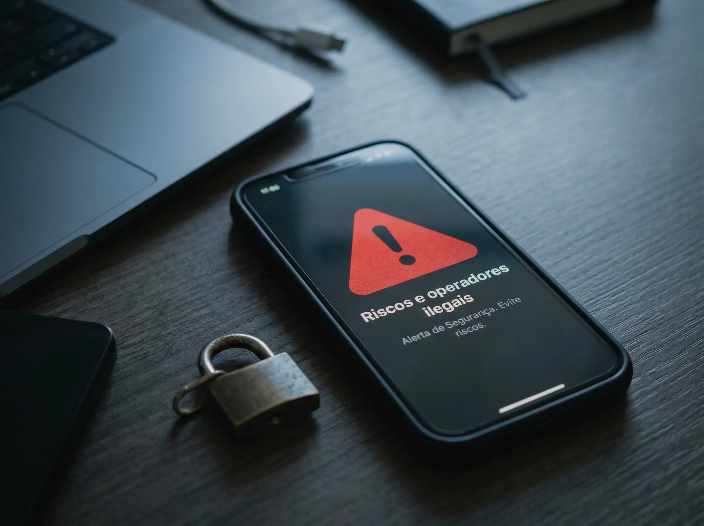 Ecrã de telemóvel com símbolo de alerta sobre plataformas de apostas sem licença
